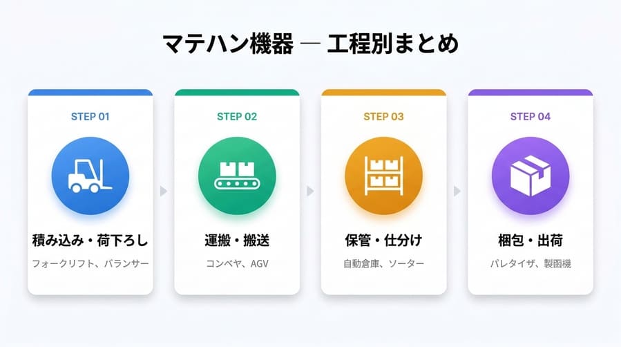 マテハン機器の工程別まとめ図：積み込み・荷下ろし、運搬・搬送、保管・仕分け、梱包・出荷の4ステップと代表機器