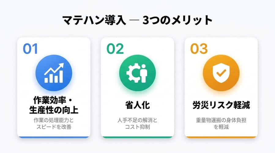 マテハン導入の3つのメリット：作業効率・生産性の向上、省人化、労災リスク軽減